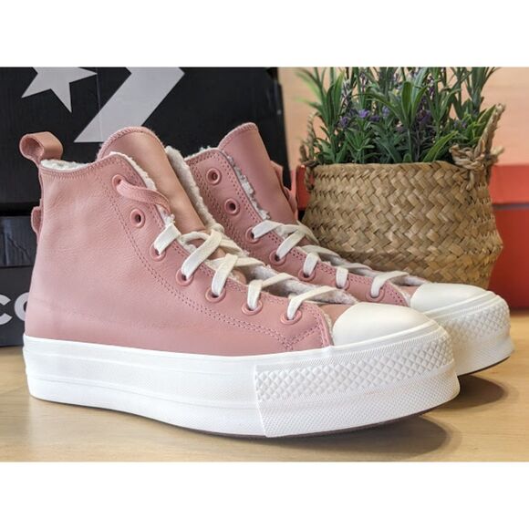 Converse CTAS Lift Platform Sherpa Lined Rust Pink Leather Hi Tops Size 9.5 NIB - Picture 1 of 12